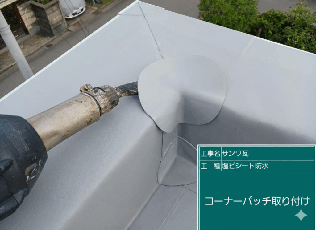 シート防水工事コーナーパッチ取り付け