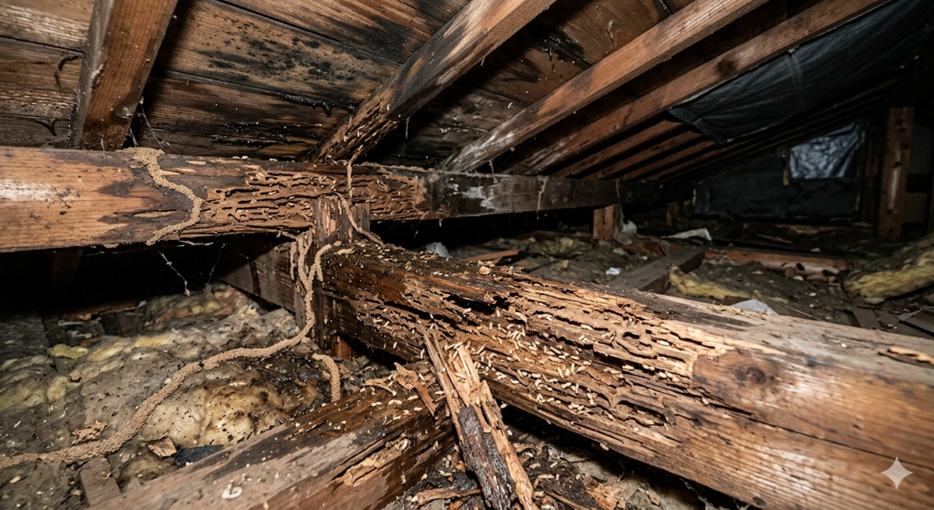 屋根裏がシロアリに食われている